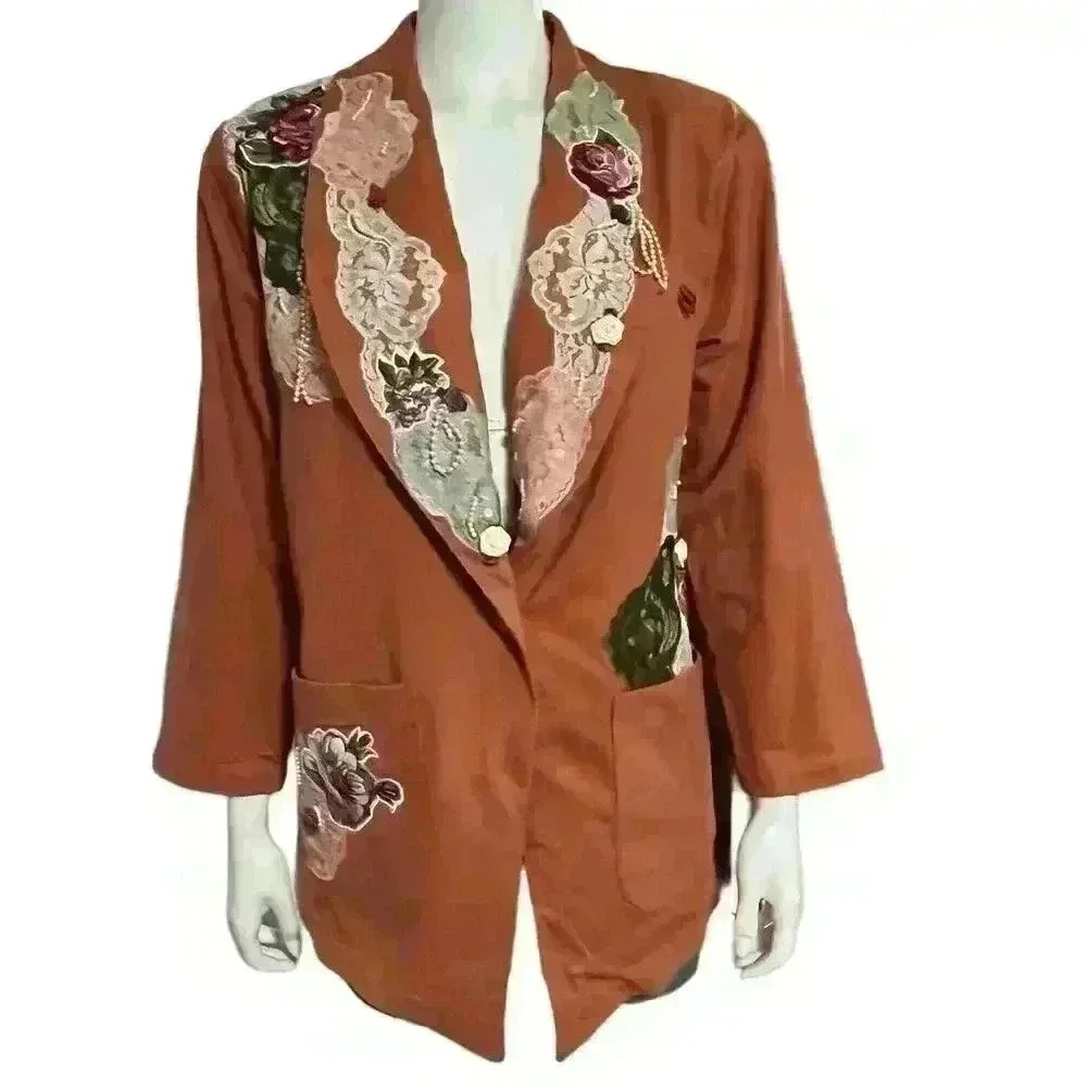 Lacy Afternoon by Shell Kepler Vintage Embellished Terracotta Blazer Size Small